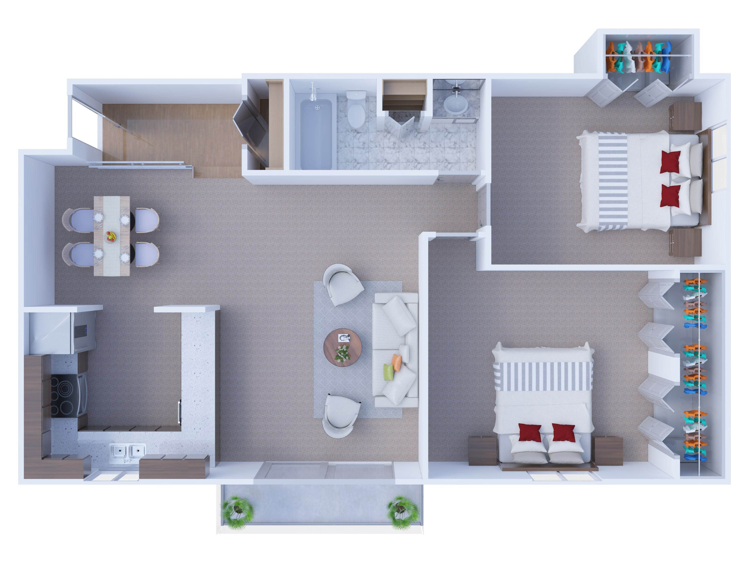 Floor plan for 2 beds, 1 bath, 836 sqft